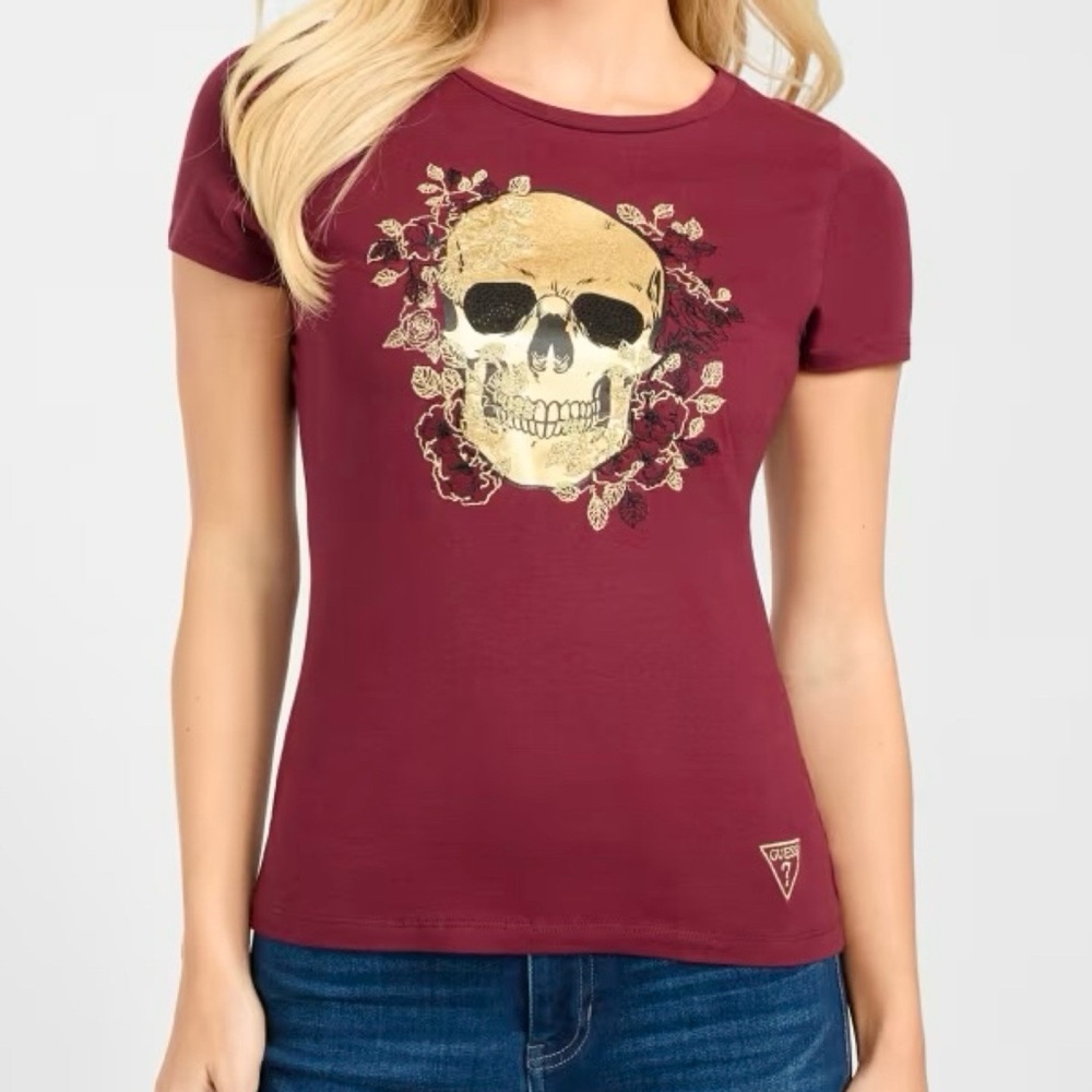 GUESS Eco Phina Skull Rhinestone Crewneck Tee NWT